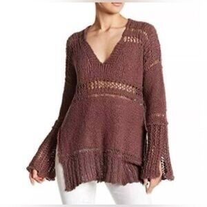Free People Belong to you Open-Knit V-Neck Sweater in Mauve Brown
